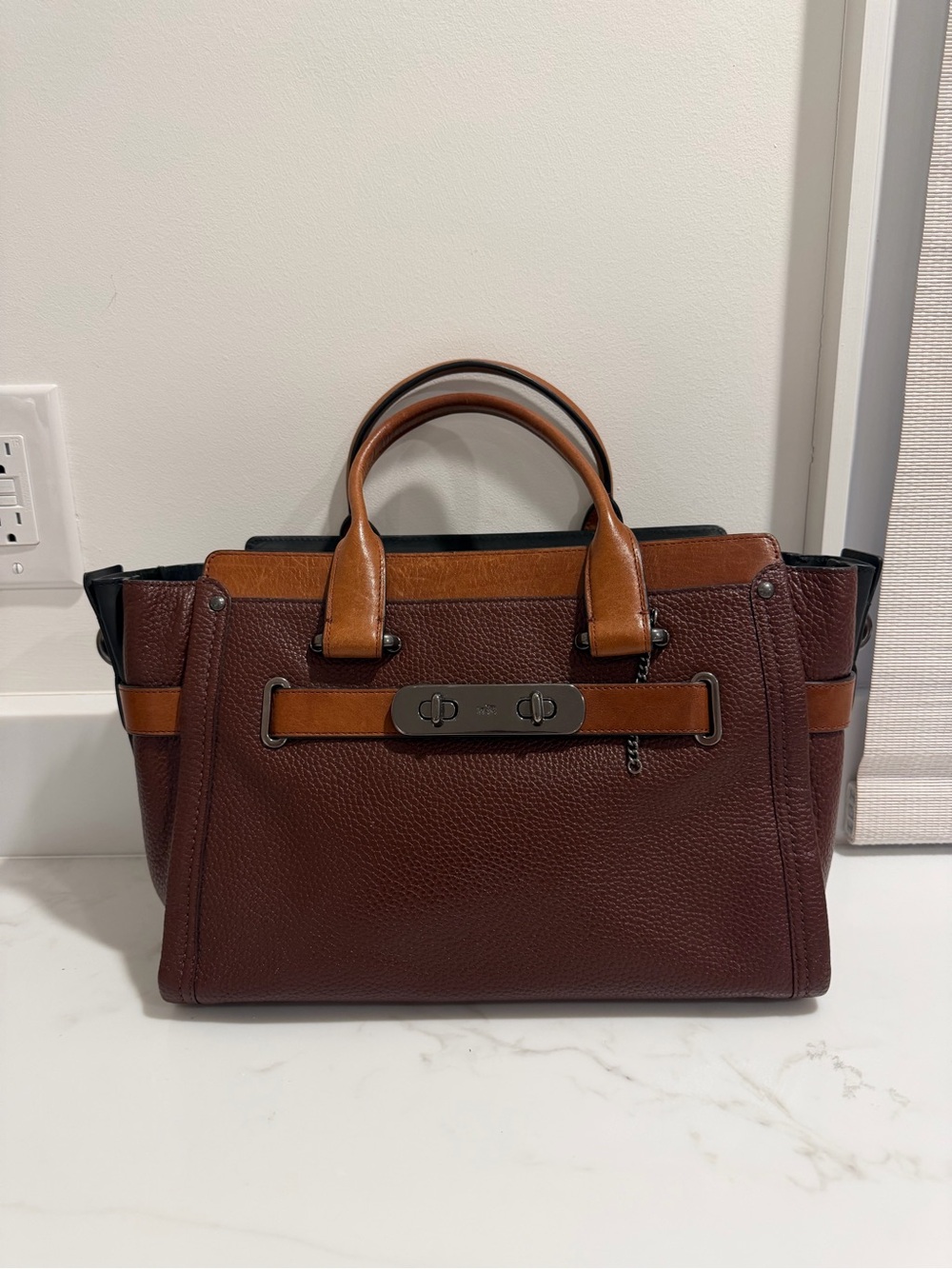 Coach Swagger Bag Two Toned Mahogany and Saddle Pebbled Leather Carryall Satchel